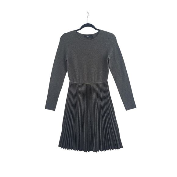 Theory Pleated Long Sleeve Sweater Dress Small Gray Wool Flannel Office Neutral - Picture 2 of 15